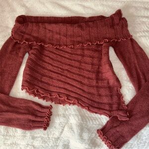Forever 21 Red Off-the-Shoulder Sweater with Ruffled Neckline